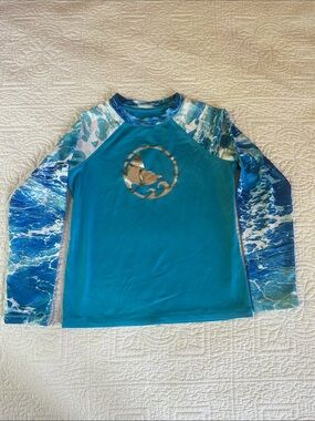 Reel Legends Kids Teal Swim Rashguard with Ocean-Print Sleeves